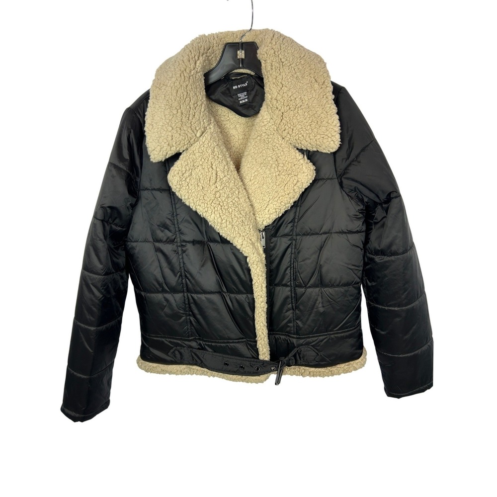 RD‎ Style Black Quilted Puffer Coat Sherpa Lined Collar Moto Style Size Medium